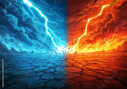 A blue  red illustration shows 2 sides lightning strikes on cracked land contrasting colors manga style
