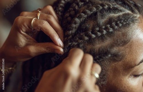 Hairdresser braiding client's hair in salon: close-up of hands working on intricate braids
