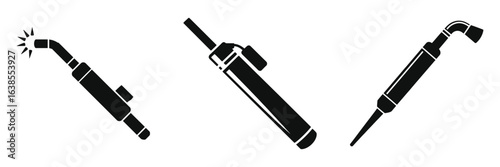 Set of black and white plasma cutter torch icons, welding and cutting tool silhouettes for metal fabrication, industrial welding equipment, and precision cutting vector illustrations