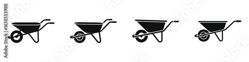 Set of black and white wheelbarrow icons, garden and construction wheelbarrow silhouettes for landscaping, building, and material transport, vector illustrations of hand carts with single wheel