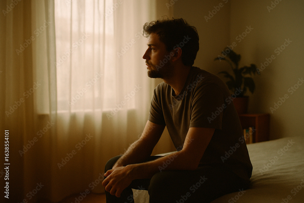 Fototapeta premium Man Sitting by the Window in a Calm Room with Natural Light