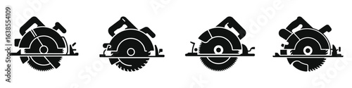 Set of black and white circular saw icons, power tool silhouettes for woodworking, construction, carpentry, and DIY projects, vector illustrations of electric saw blades and handles