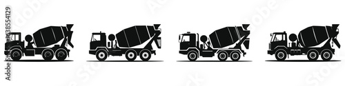 Set of black and white concrete mixer truck silhouettes, heavy construction vehicle icons for building, cement transportation, industrial machinery, and construction site equipment vector illustration