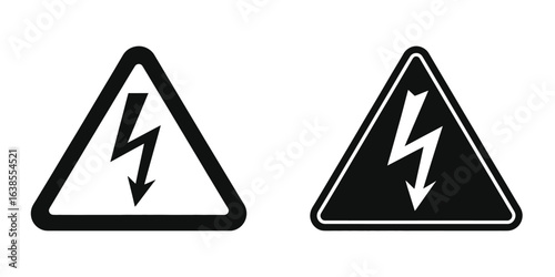 Set of black and white high voltage warning signs, electrical hazard symbols with lightning bolt in triangular frames, safety icons for electricity danger and power risk alerts vector illustrations