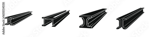 Set of black and white steel I-beam icons, structural steel beam silhouettes for construction, architecture, and engineering projects, heavy metal support beam vector illustrations
