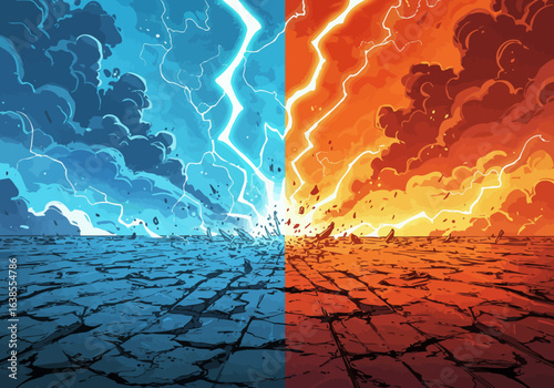 Clashing Elements: Fire and Ice Storm Background.