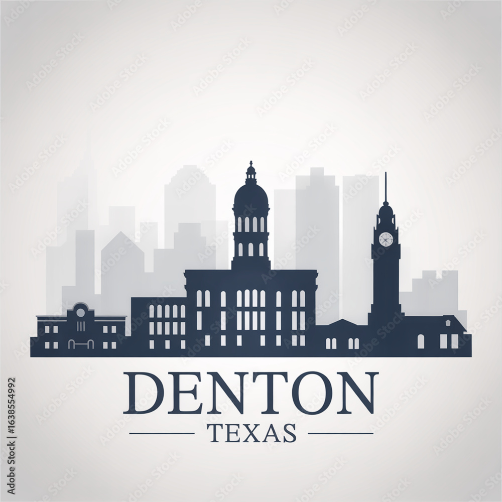 Obraz premium Denton Skyline Silhouette — A Vibrant College Town in North Texas Vector Illustration