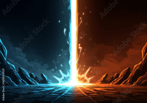 Digital Art of Clashing Elements: Fiery and Icy Forces.