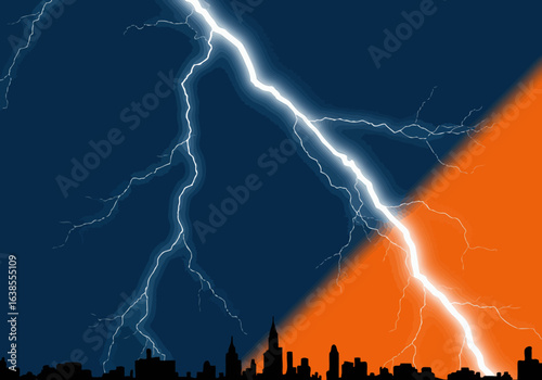 Dramatic Lightning Strike over City Skyline at Night.