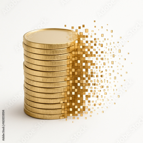 Gold Coins Disintegrating into Digital Pixels