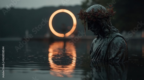 Bronze statue, water, circle light