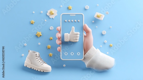 Hand holds phone, giving thumbs up on app, surrounded by stars, on blue backdrop