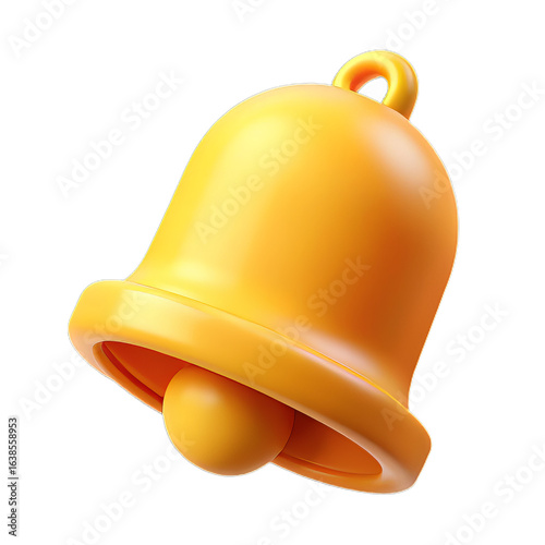 Warm Yellow Glossy Plastic 3D Bell Icon with Rounded Curves and Realistic Shadow Base on Transparent Background