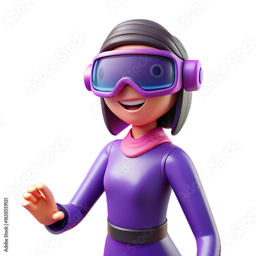 Purple Glossy Plastic 3D Female Character with Virtual Headset and Expressive Stance on Transparent Background