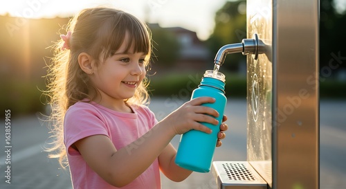 Happy little girl filling a reusable water bottle at a public fountain during a warm sunset