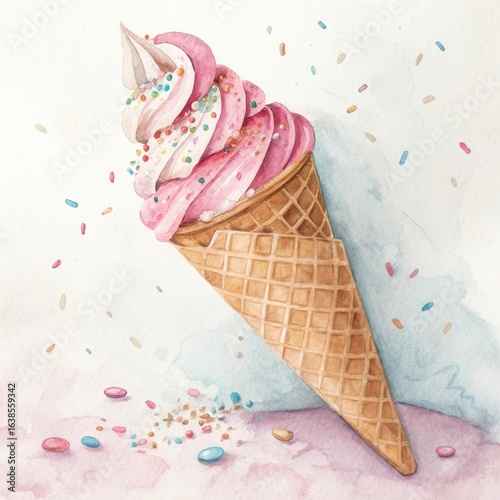 Delicious pink soft serve ice cream cone with sprinkles