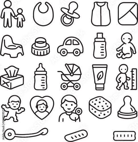 Collection of hand drawn baby care icons and symbols for child development and parenthood