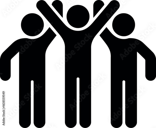 Three people celebrating with arms raised in victory