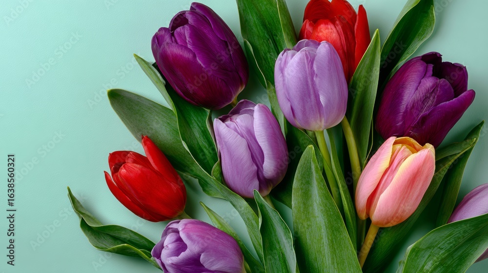 Bouquet of flowers with purple, red, and pink flowers. The flowers are arranged in a way that they are all facing the same direction Bouquet of flowers with purple, red, and pink flowers. The flowers are arranged in a way that they are all facing the same direction