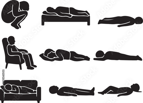 Collection of silhouetted figures depicting various sleeping and resting poses