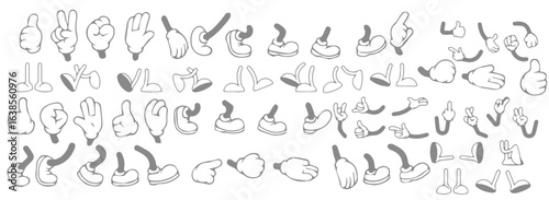 Retro cartoon legs and hands. Vintage hand, foot and f. Hands with gloves and feet with boots, various poses for characters, a set of poses, gestures, placement of hands and feet. Body parts mascot