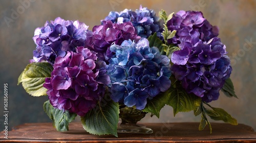 Hydrangeas Arrangement with Vibrant Colors, Displayed in Vase on a Wooden Surface.