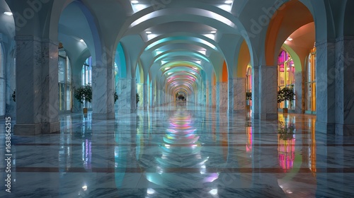 Interior Long Hallway with Arches, Reflective Floor, and Stained-Glass Windows