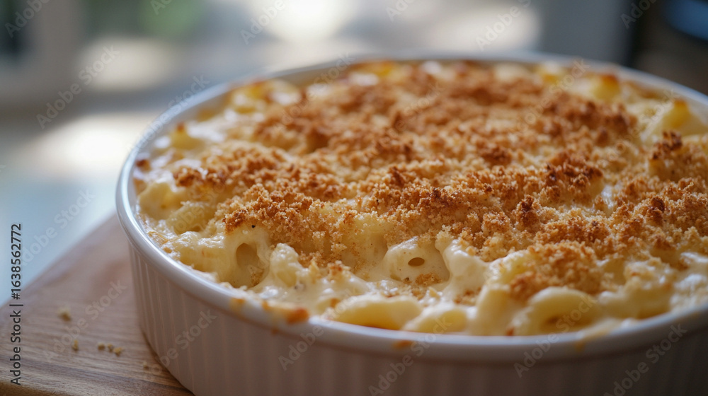 Close-up of creamy mac and cheese topped with golden, crispy breadcrumbs. Rich, cheesy texture with a perfectly baked crust, showcasing comfort food at its finest. Warm, inviting, and delicious.
Close-up of creamy mac and cheese topped with golden, crispy breadcrumbs. Rich, cheesy texture with a perfectly baked crust, showcasing comfort food at its finest. Warm, inviting, and delicious.