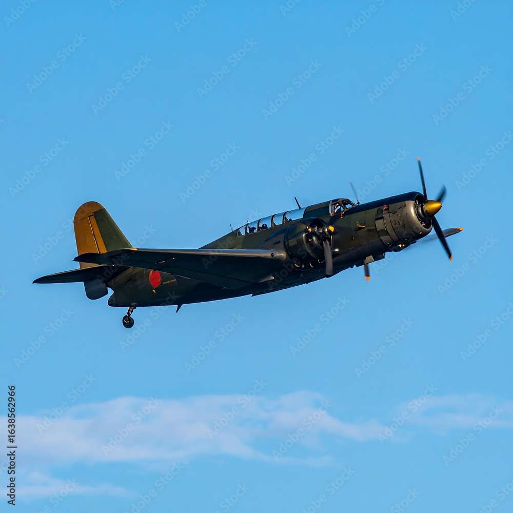 Obraz premium Vintage aircraft soars high against a clear blue sky, captivating aviation enthusiasts