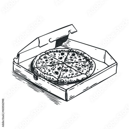 Hand-drawn pizza in open box with cheese and pepperoni toppings