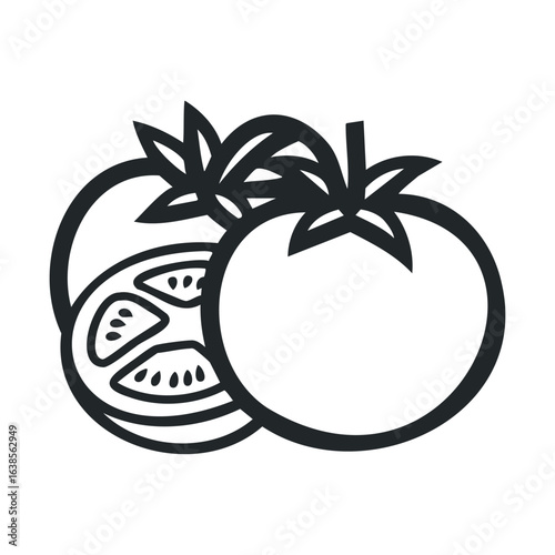 Black and white line art of whole and sliced tomatoes