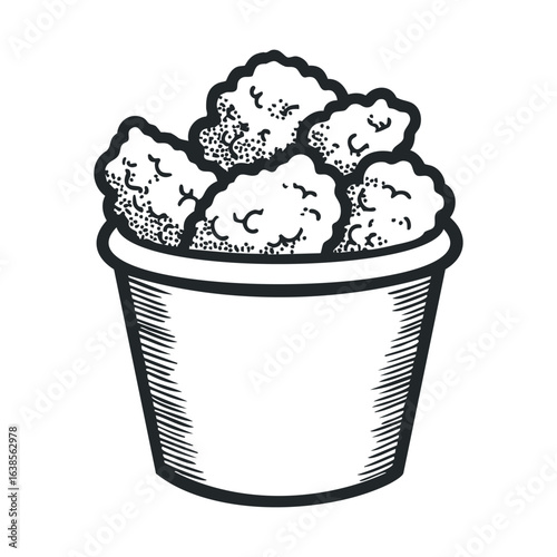 Sketch of a bucket filled with crispy fried chicken pieces