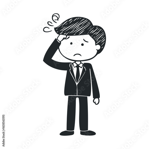 Worried cartoon businessman in suit with hand on forehead