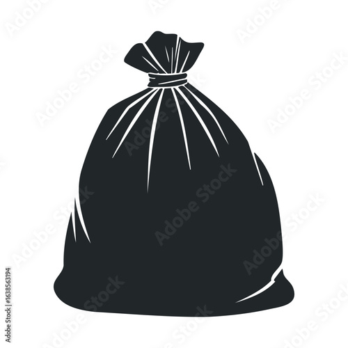 Black garbage bag icon on white background depicting waste disposal