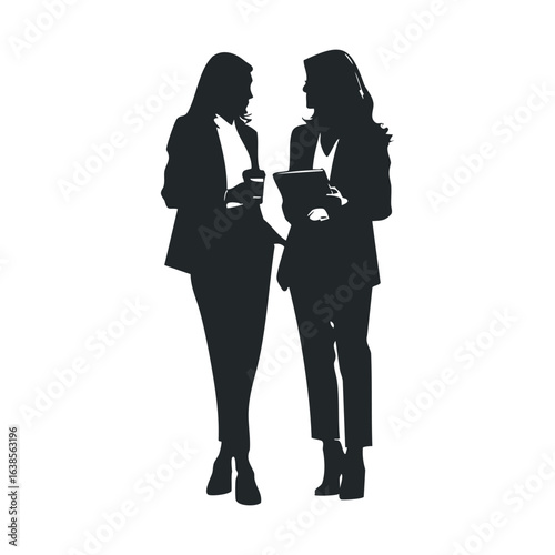 Silhouette of two female adults discussing with tablets and coffee cups