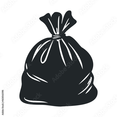 Black and white illustration of a tied closed garbage bag