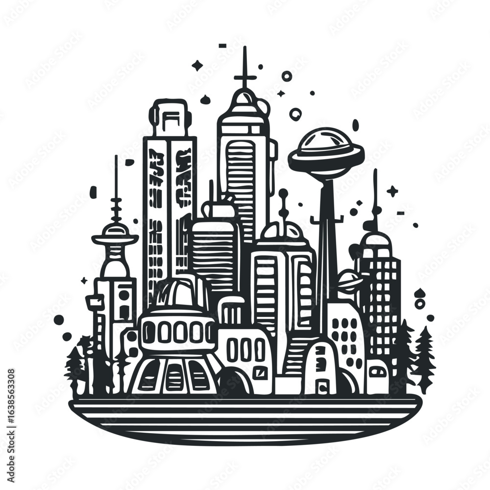 Fototapeta premium Futuristic black and white cityscape with sci-fi architecture and skyscrapers
