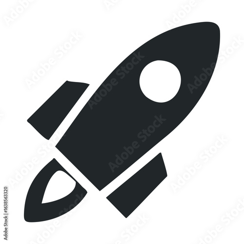 Black rocket icon on white background symbolizing space travel and innovation