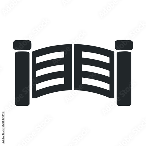 Black icon of a two-panel swinging gate with vertical posts on white