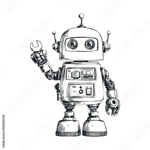 Friendly vintage robot with wrench on white background