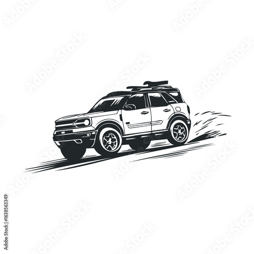 Graphic illustration of offroad suv with roof rack on sloped terrain