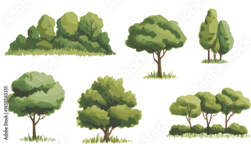 PrintGreen trees illustration, natural forest landscape, park plants, summer foliage, eco environment, scenic nature design, outdoor greenery, botanical drawing, leafy vegetation, shrubs