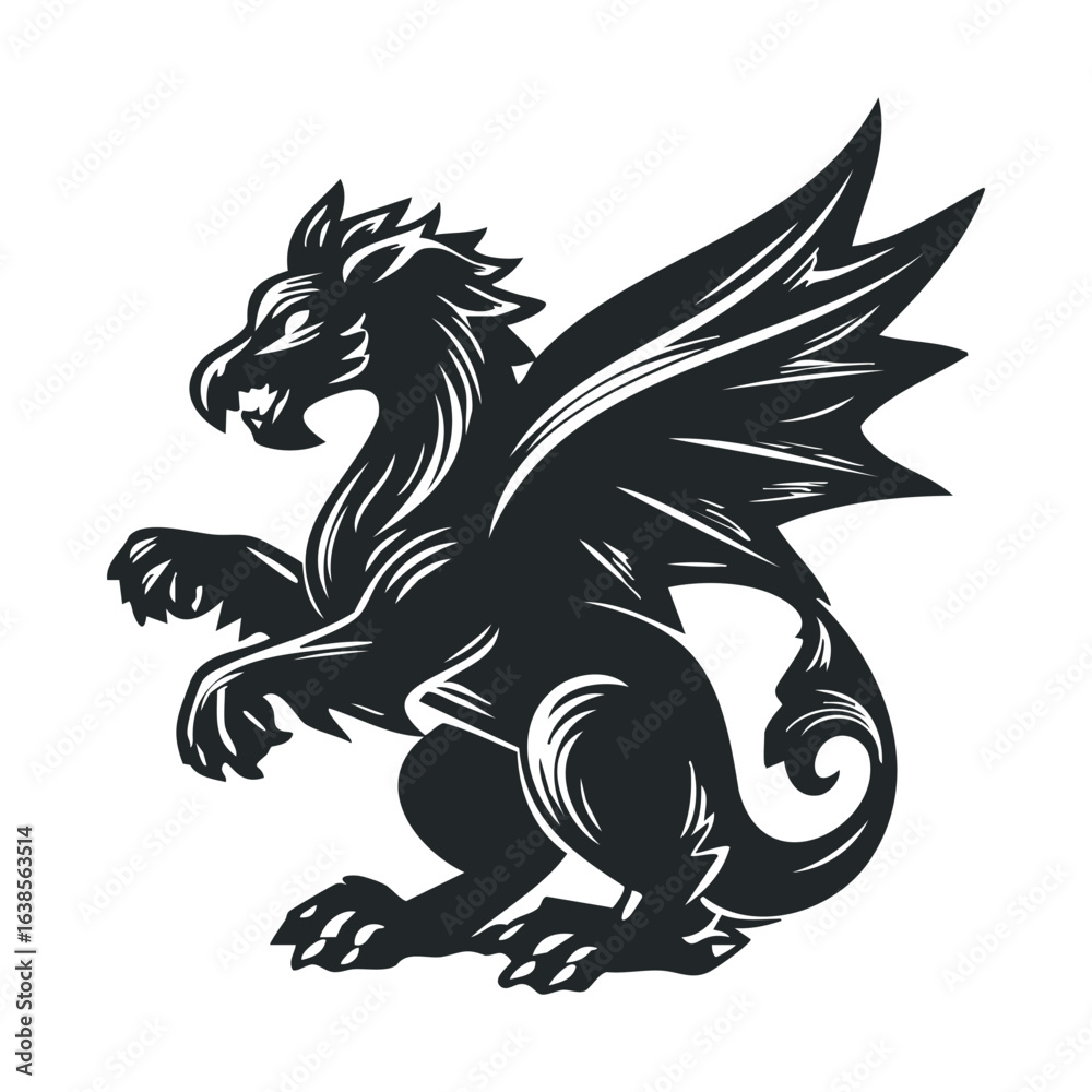 Fototapeta premium Black silhouette of a mythical winged dragon creature in fierce pose