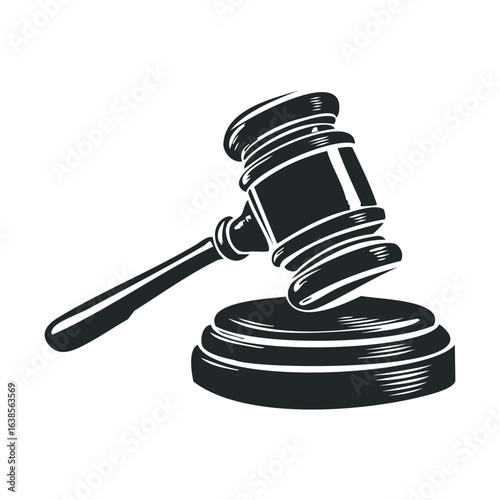 Monochrome illustration of a judge's gavel and sound block