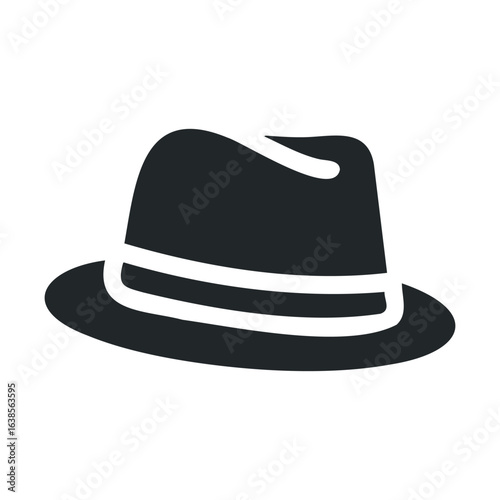 Black fedora hat icon with white band on white background