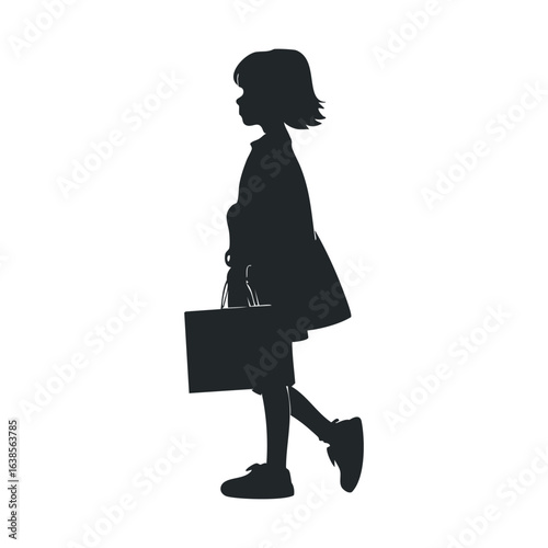Silhouette of young female child shopping with bag