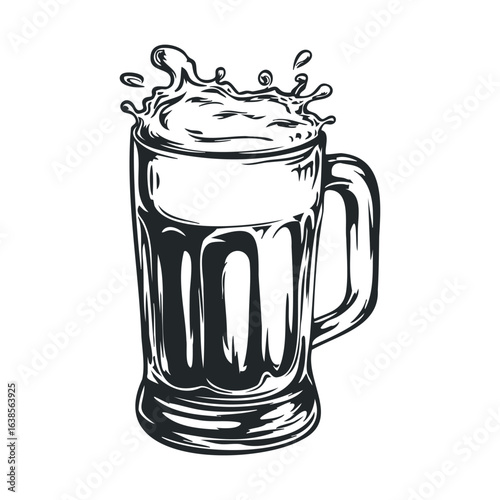 Sketch of foamy beer mug splashing liquid on white background