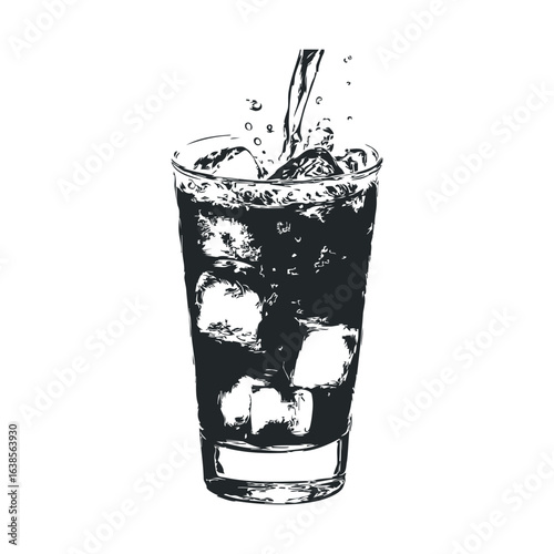 Dynamic black and white drawing of iced beverage pouring into a glass
