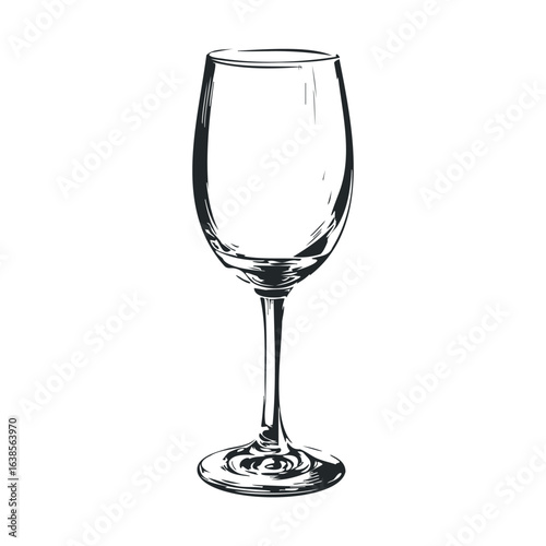Black and white illustration of an empty wine glass on white background