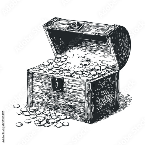 Treasure chest overflowing with coins in vintage sketch style